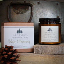 Load image into Gallery viewer, Verbena and Rosemary body butter in amber glass jar with kraft gift box.
