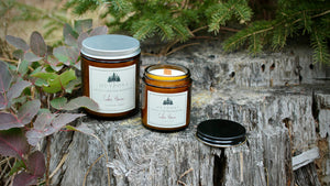 Cider House wooden wick candles in amber glass jars  with metal lids