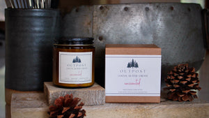 body butter in glass jar with metal lid and  kraft gift box.
