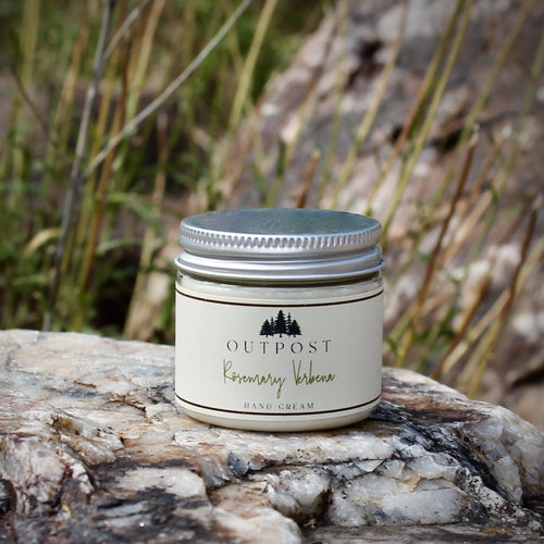 Rosemary Verbena scented hand cream in clear jar with metal lid. Made with lanolin and sweet almond oil