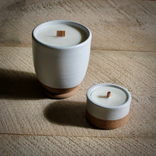 Load image into Gallery viewer, unscented beeswax candle with wooden wick in handmade ceramic tumbler, white glaze i