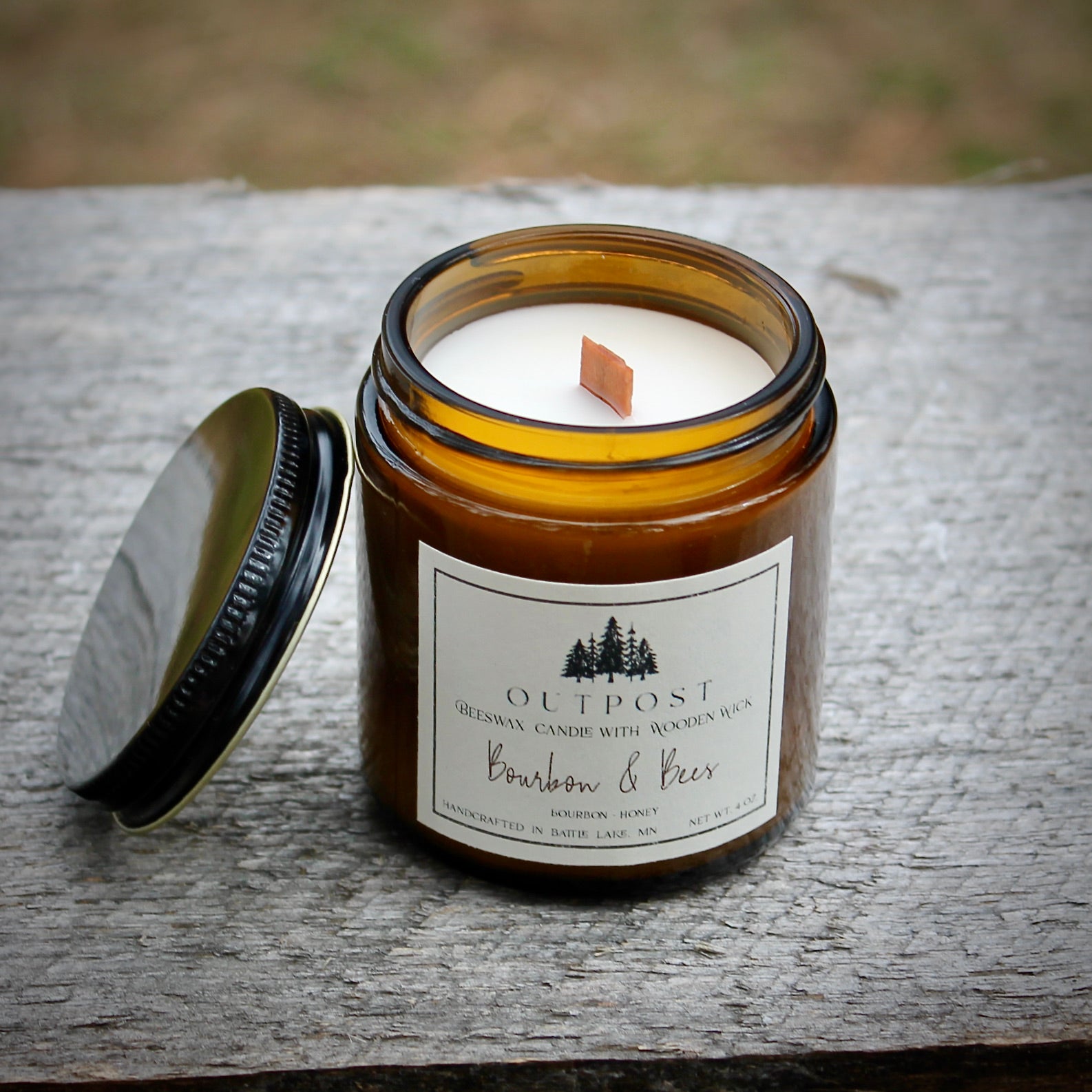 Beeswax Candle with Wooden Wick - Bourbon & Bees – O U T P O S T Soaps