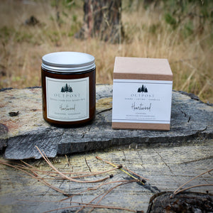 Heartwood 4 and 8 oz. candles with wooden wick and gift box.