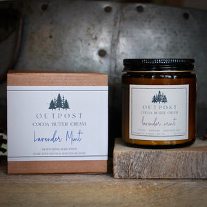 lavender mint body butter in amber glass jar with metal lid